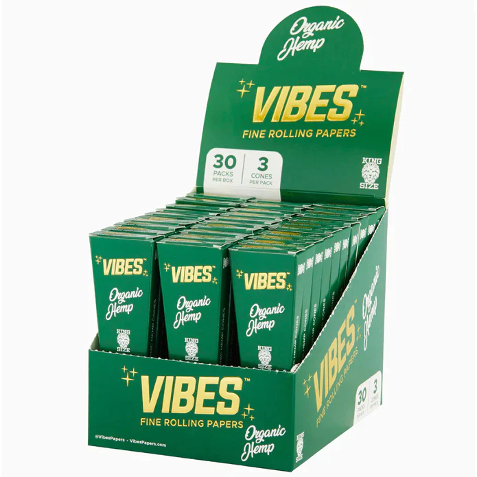 VIBES ORGANIC HEMP KING SIZE - 3 CONES PER PACK - 30 PACKS PER BOX