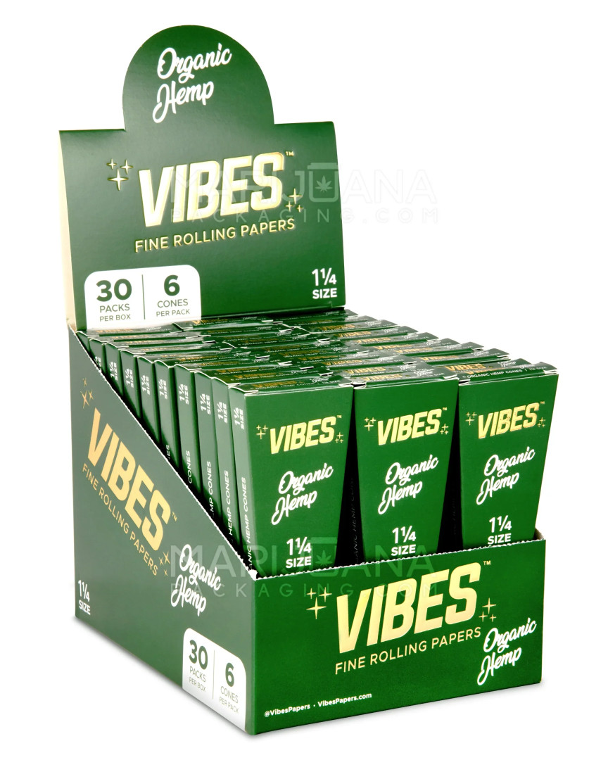 VIBES ORGANIC HEMP 1 1/4 - 6 CONES PER PACK - 30 PACKS PER BOX